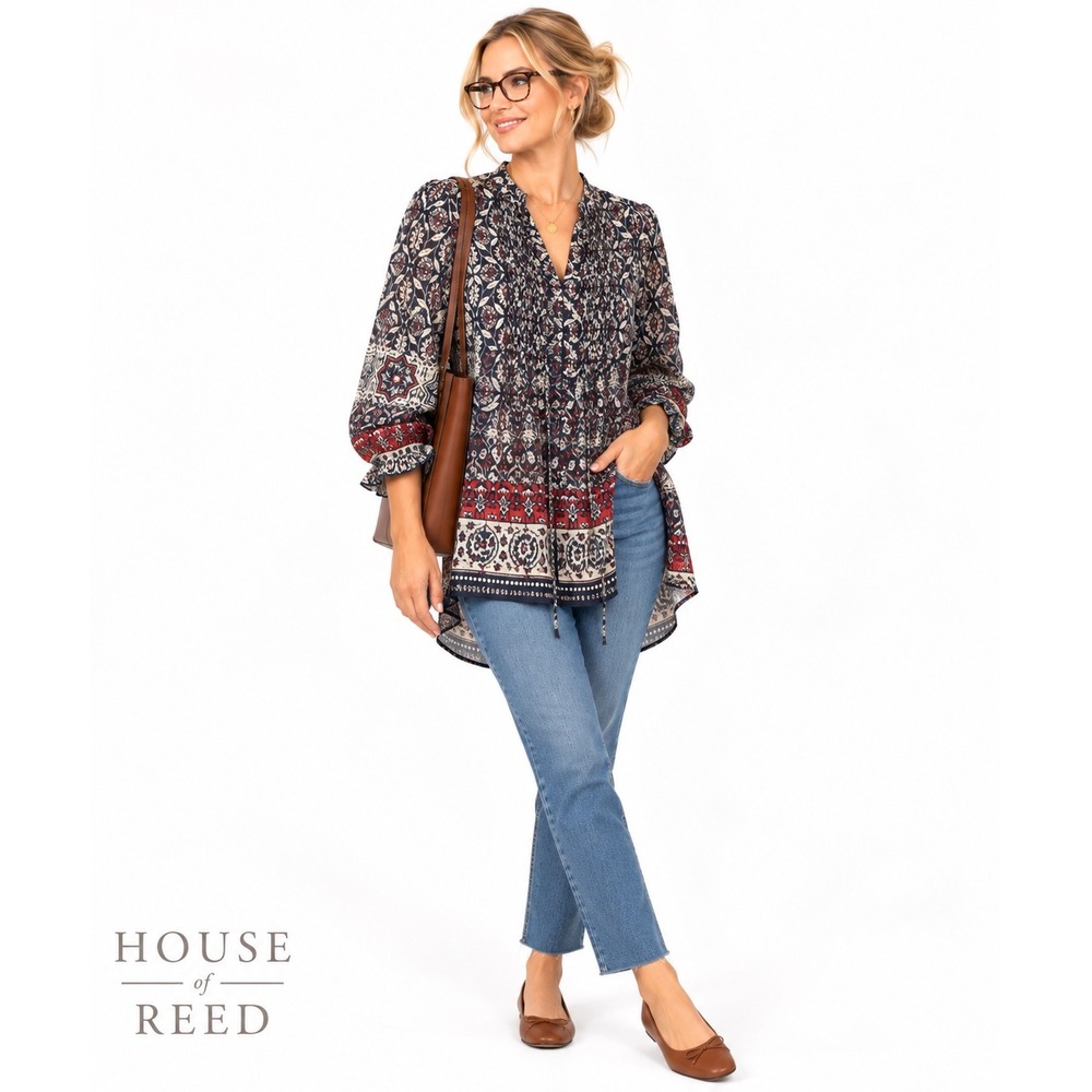 One World Navy Red Floral Paisley Pintuck Tunic Blouse Long Sleeve Small